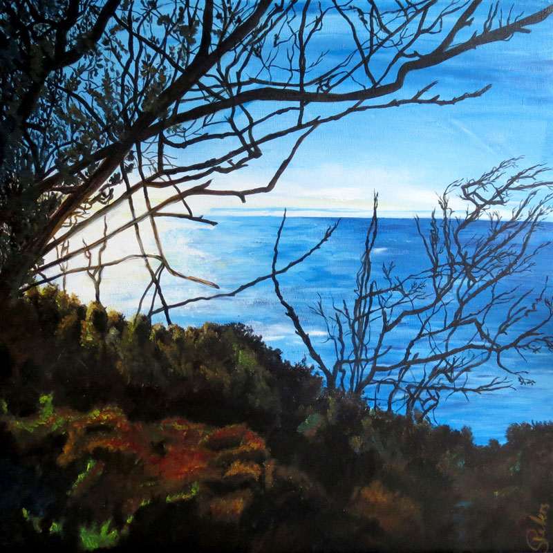 Acrylzeichnung: Blick von der Steilküste auf die Ostsee am Abend, Acryl auf Holzmalgrund, 50x50cm