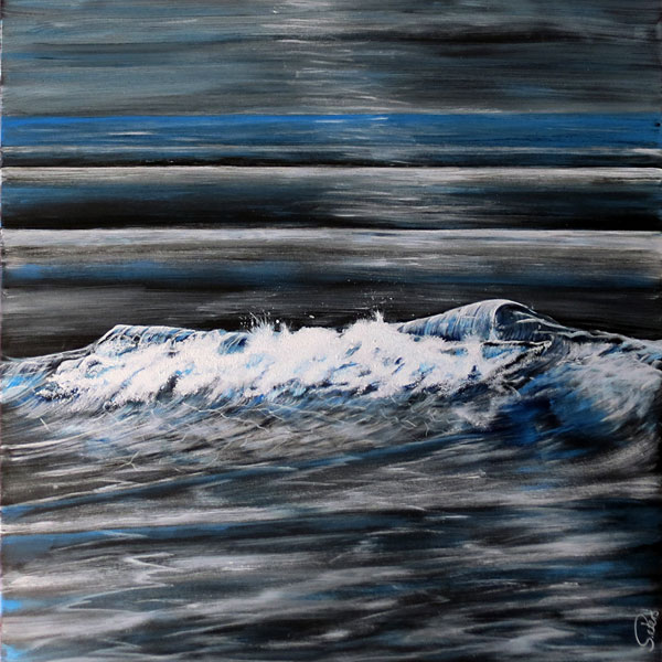 Acrylzeichnung: Welle auf schwarzer Leinwand, 80x80cm